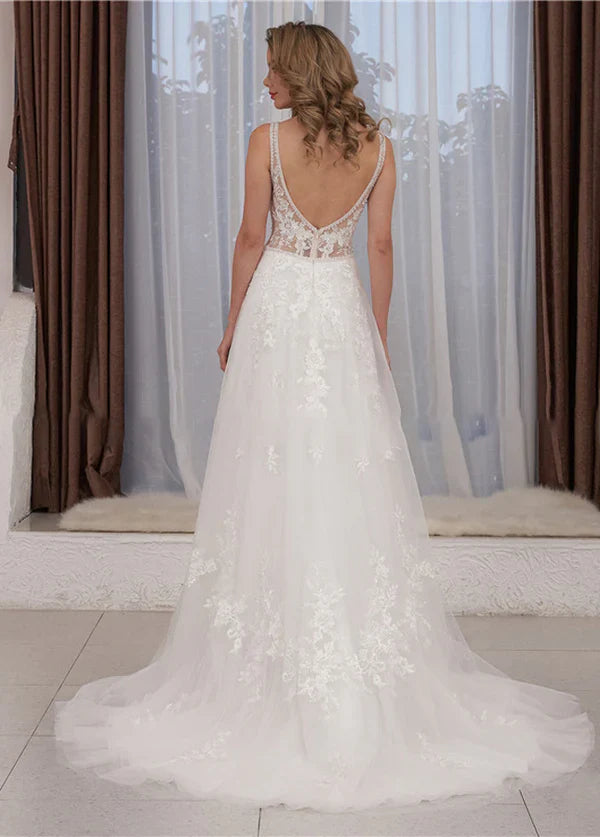 Vestidos de novia playeros de corte A con escote en V, apliques de encaje y sin mangas